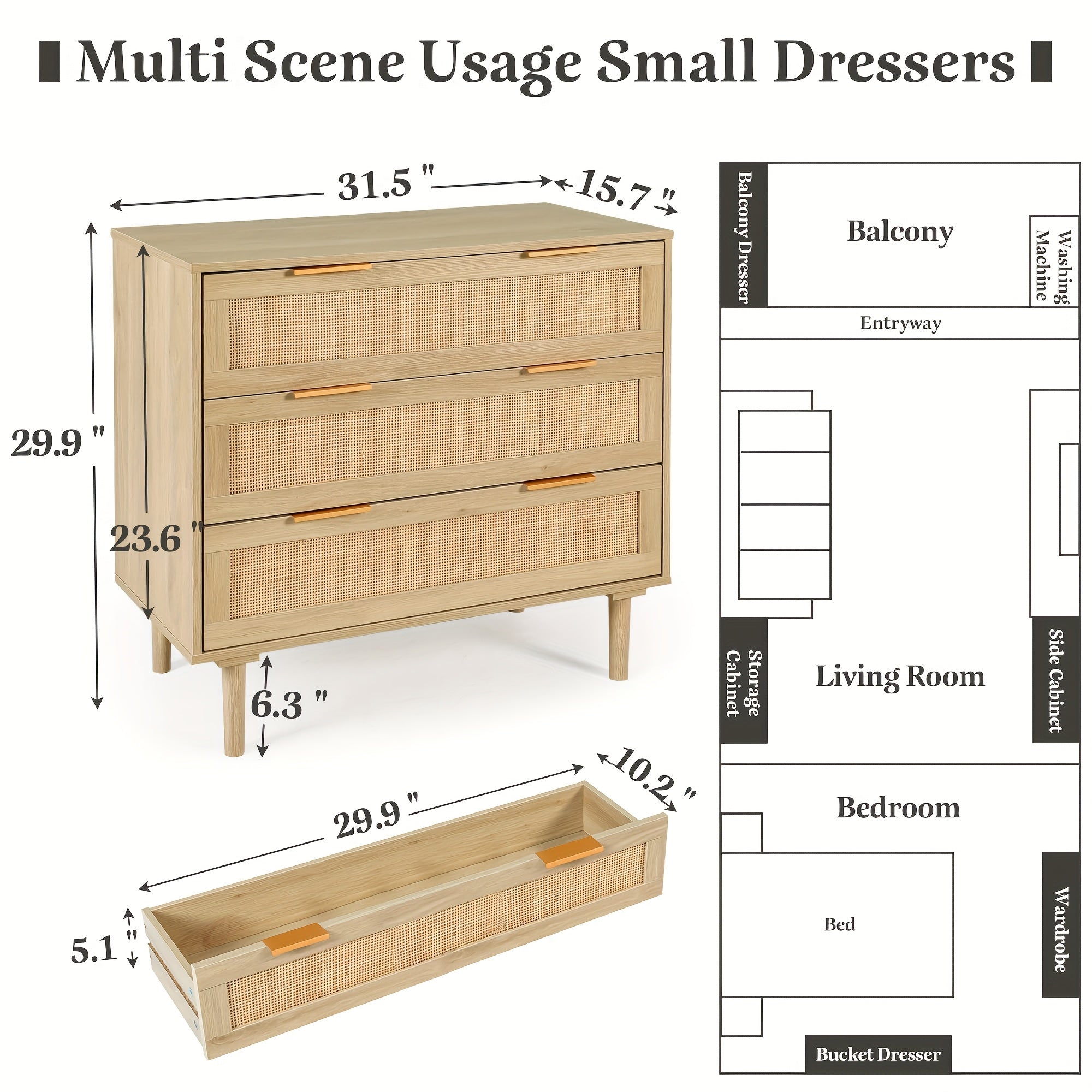 3 Drawer Rattan Dresser For Bedroom, Modern Closet Dressers Chest Of Drawers, Wood Oak Storage Chest For Bedroom, Hallway, Living Room