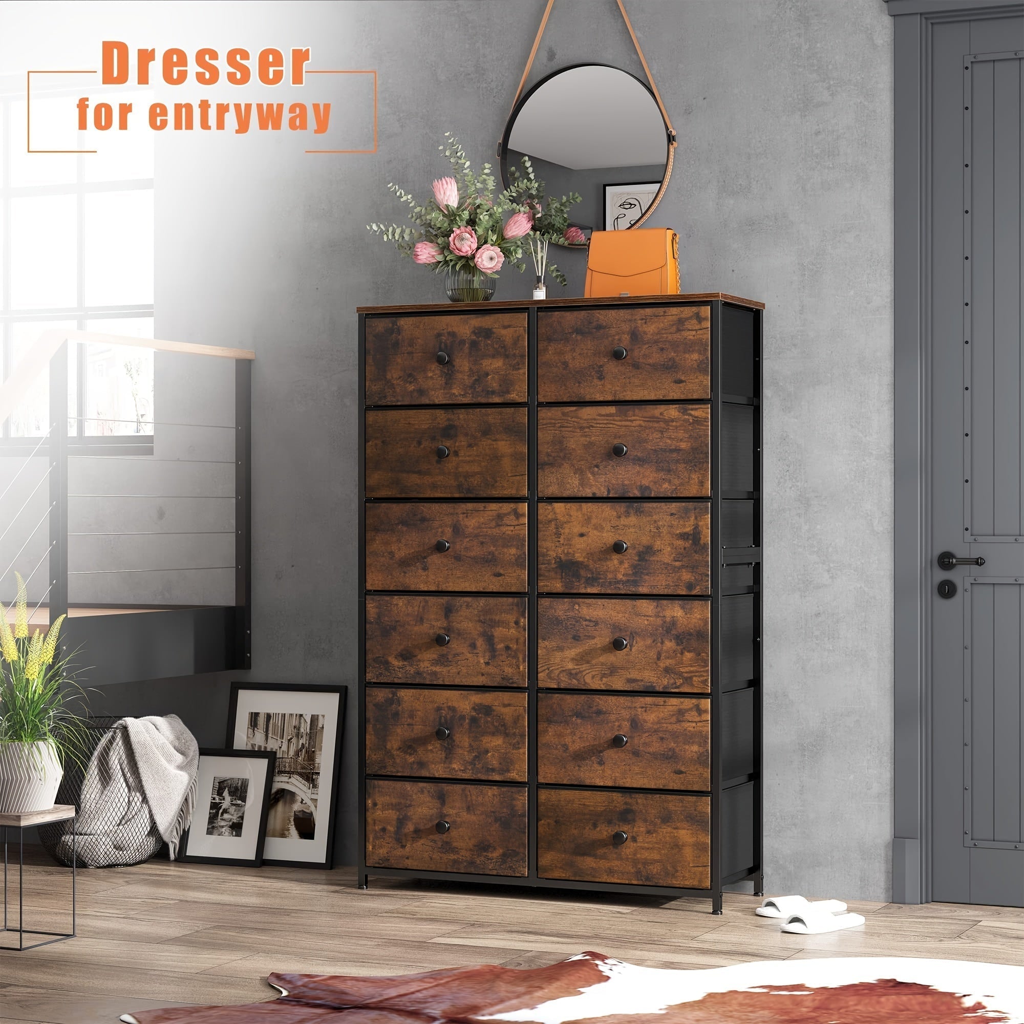 Tall Dresser, Dresser for Bedroom with 12 Drawers Tall Bedroom Dresser for Bedroom, Large Fabric Dresser with Wood Top, Metal Frame for Closets, Living Room, Entryway, Rustic Brown For Lab