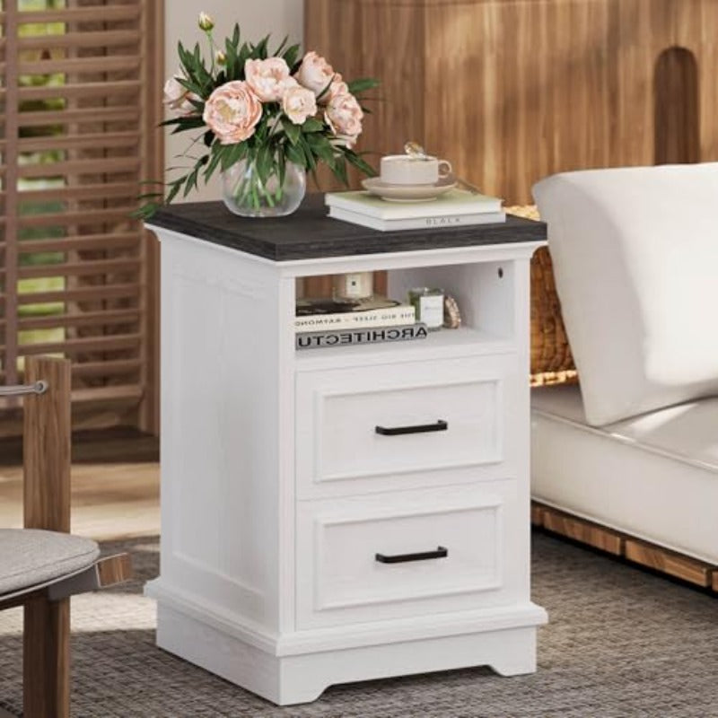 Farmhouse Nightstand with Storage Drawers and Open Shelf Small End Tables for Living Room Rustic Wood Side Tables for Bedroom Roman Column Design White