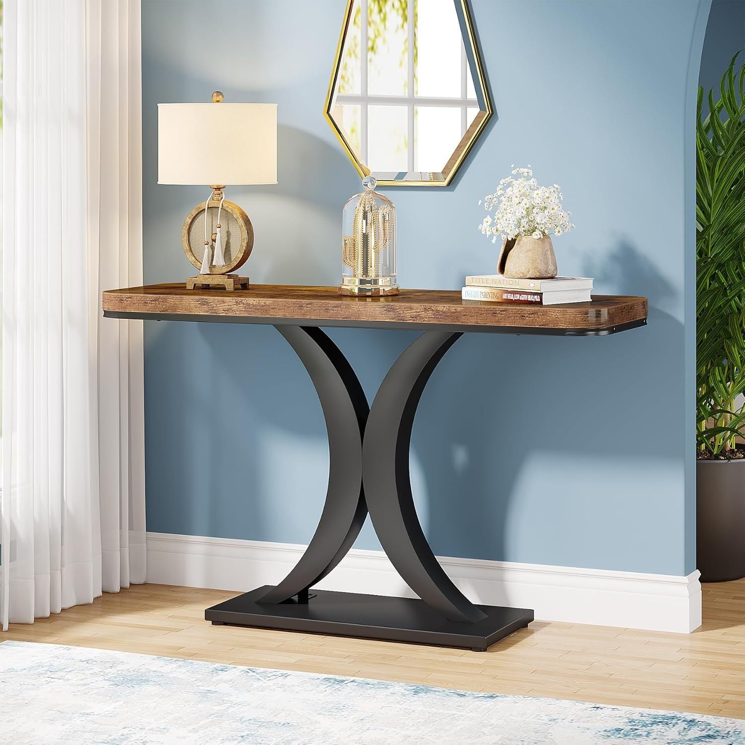 102 cm Slim Console Table - Rustic Two-Tone Design with Geometric Base, Waterproof MDF, Perfect for Entryway, Living Room, or Hallway Decor, Utility Hooks