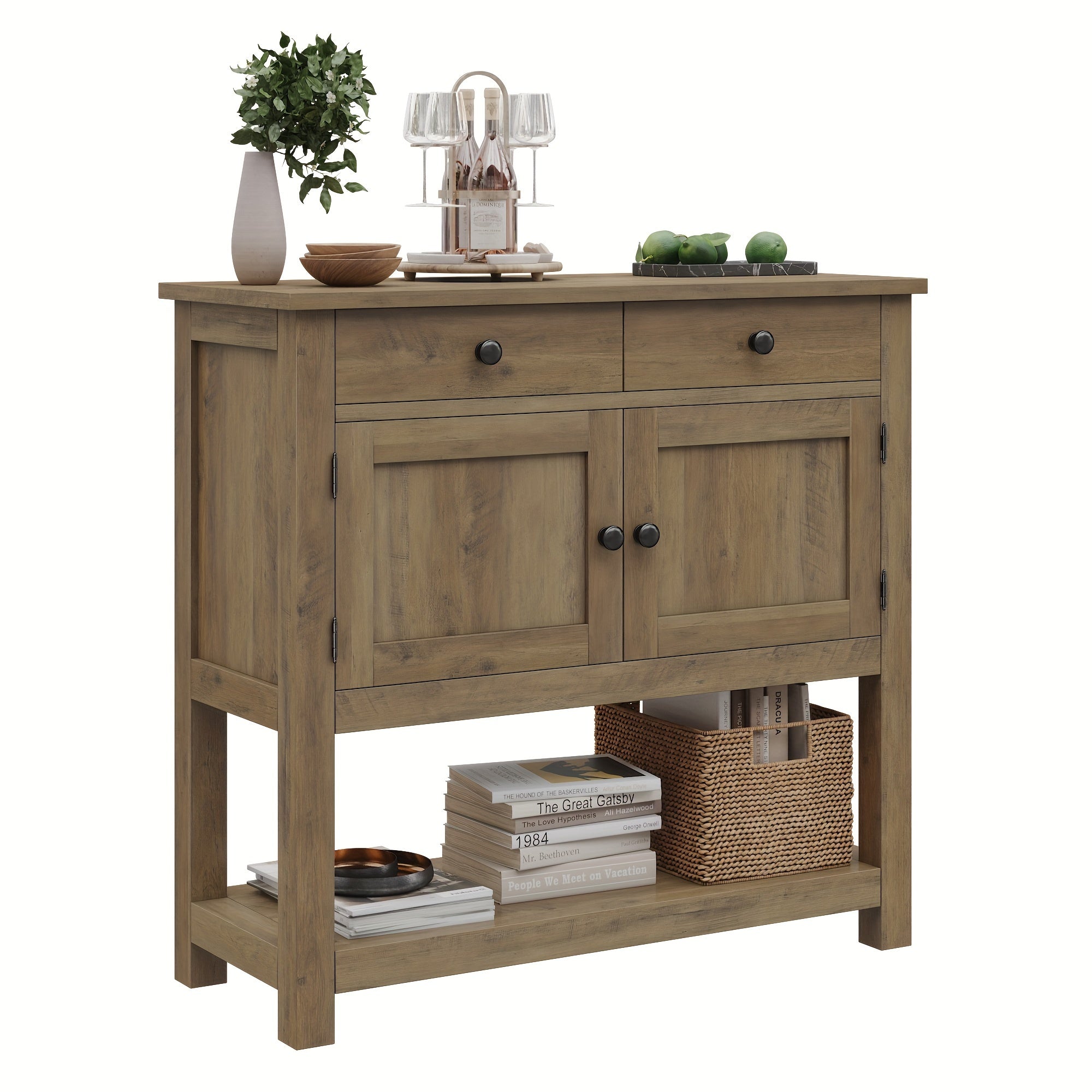 Farmhouse Console Table with 2-Door Cabinet & 2 Drawers, Coffee Bar, Entryway Table with Storage Shelf, Sofa Table Buffet Sideboard for Kitchen, Hallway, Entryway, Dining, Living Room, Ash Gray, Rustic Brown, White +" (Dimensions in cm)