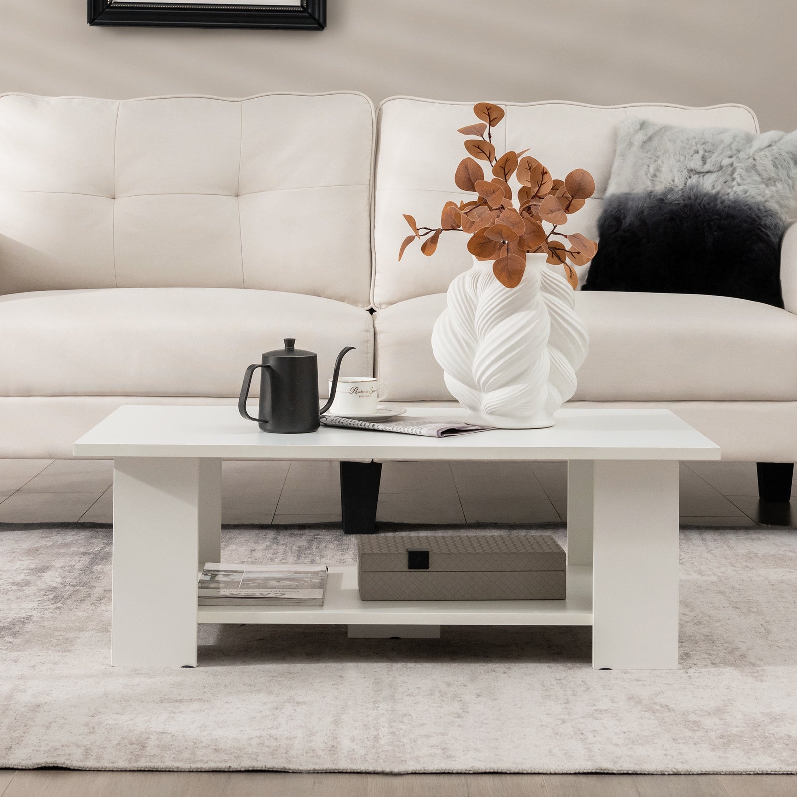 Contemporary, Chic 2-Tier Modern Coffee Table with Storage Shelf - Sturdy Hardwood, Easy Assembly, Perfect for Living Room Decor