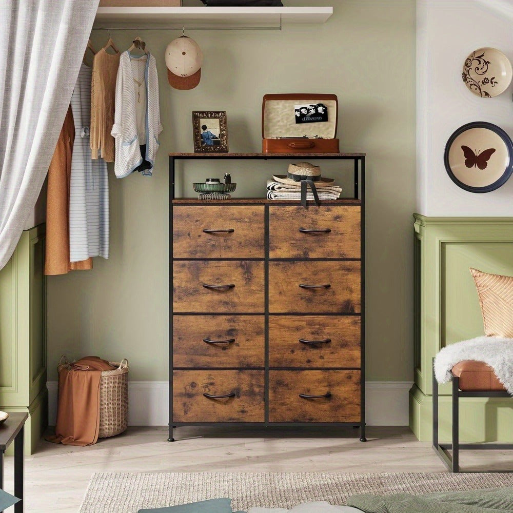 Fabric Dresser for Bedroom with Open Shelves, Tall Dresser with 8 Drawers, Storage Tower with Fabric Bins, Chest of Drawers for Closet, Hallway