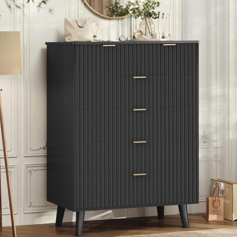 Dresser For Bedroom With Fluted Panel Design, 47.2'' Wide Mid Century Modern Fluted Dresser, 7 Drawers Chest Of Drawers With Golden Metal Handles, Black Organizer Storage Cabinet For Closet, Entryway