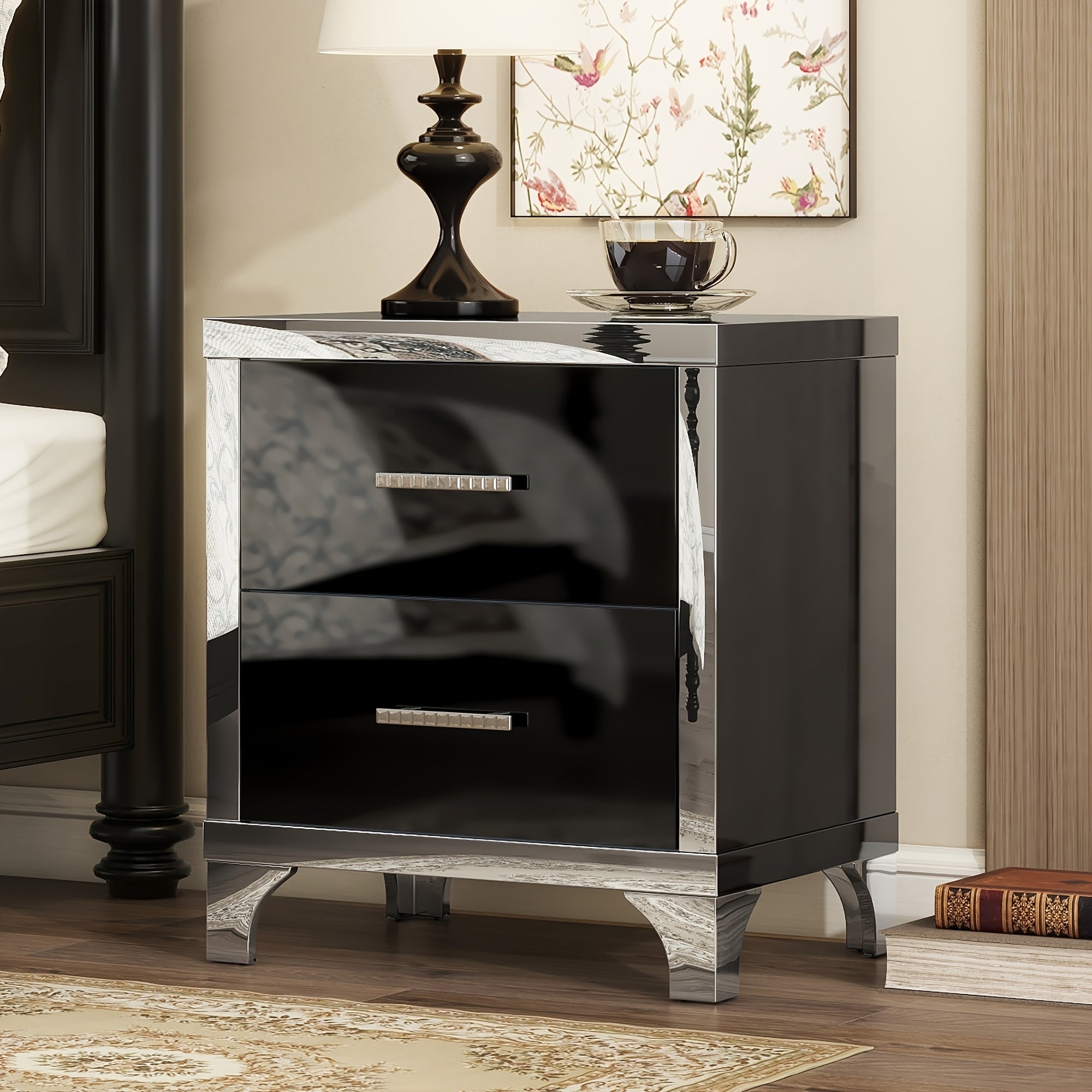 Elegant High Gloss Nightstand With Metal Handle, Mirrored Bedside Table With 2 Drawers For Bedroom, Living Room