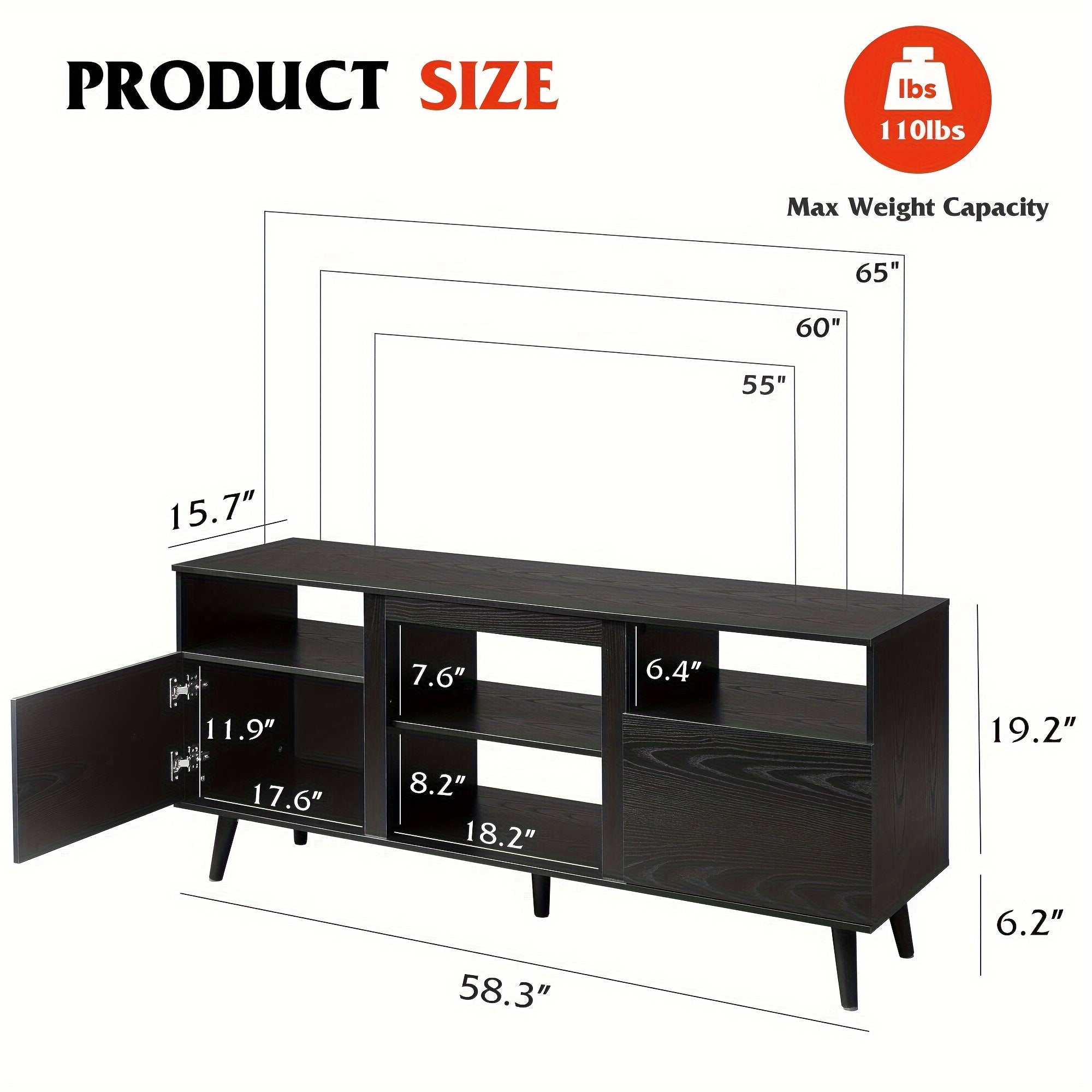 TV Stand for 65 Inch TV, 147cm Entertainment Center with 2 Storage Cabinets, Media Console for Living Room, Bedroom and Office