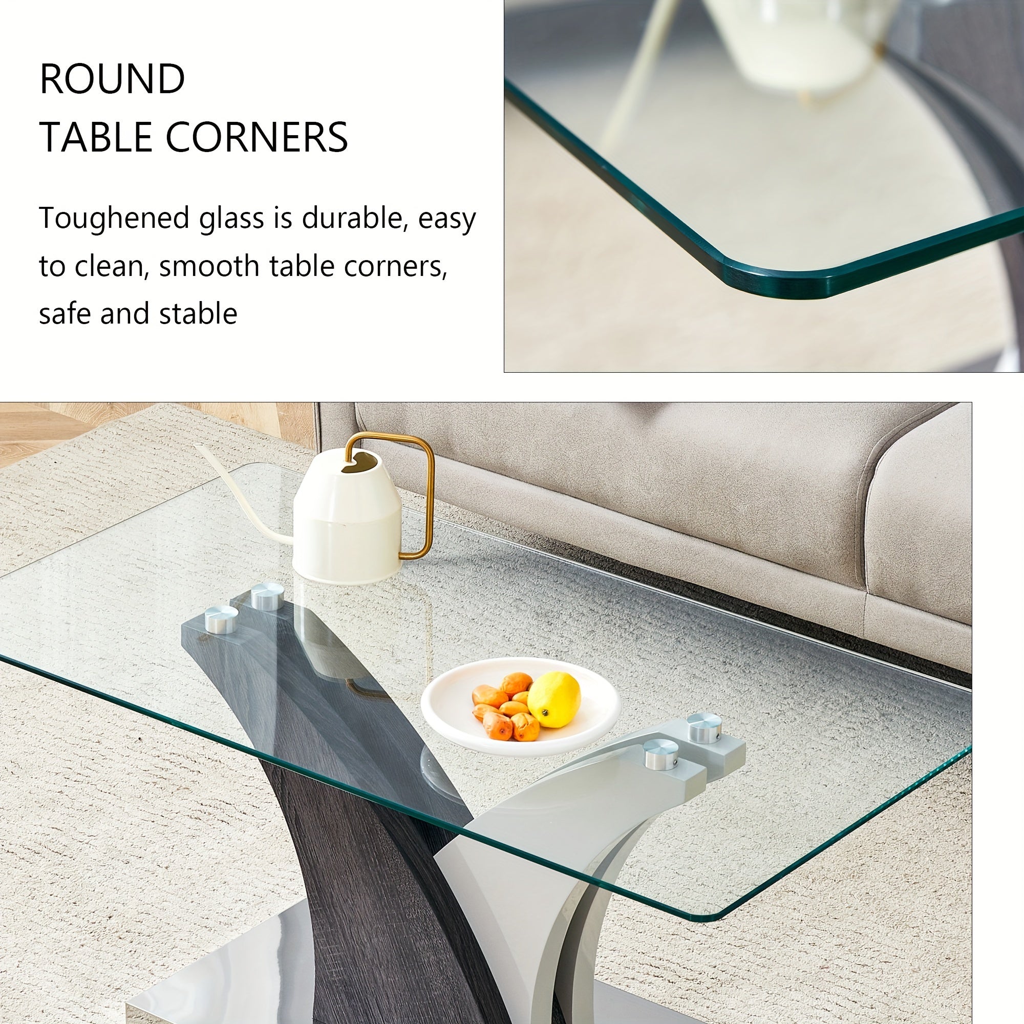 Rectangular Coffee Table With Tempered Glass Countertop, Stylish Tea Table With Round Table Corners And Artistic MDF Legs, Easy To Clean And Scratch Prevention, Perfect For Hosting Dinners, Conferences, Home, Living Room And