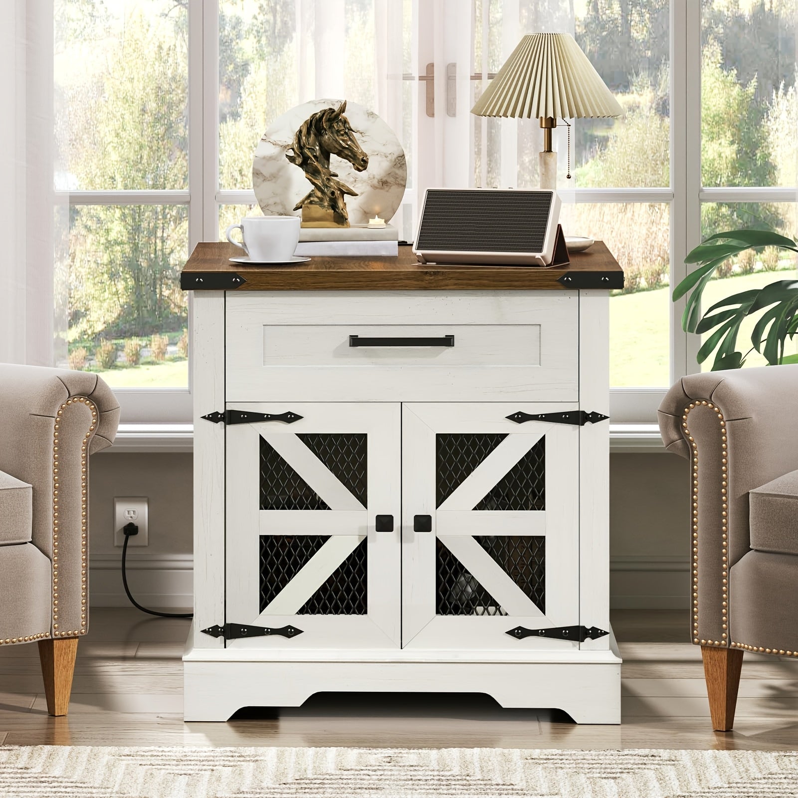 White Farmhouse End Table With Charging Station, 24" Large Sofa Side Table With Drawer, Large End Table For Living Room, Wooden Nightstand With Outlet, Square, White And Walnut