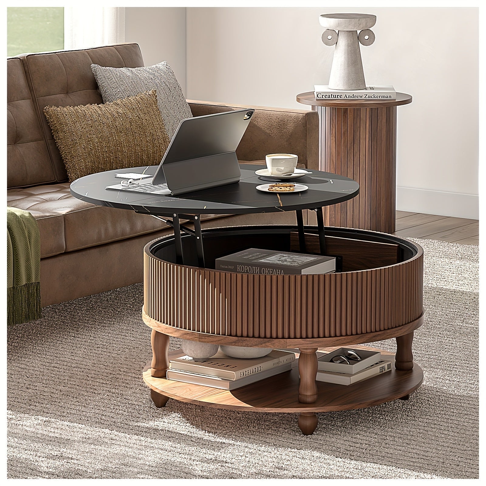 81cm Walnut Wood Round Coffee Table with Adjustable Height, Storage & Hidden Compartment - 2-Tier Mid-Century Modern Design for Living Room