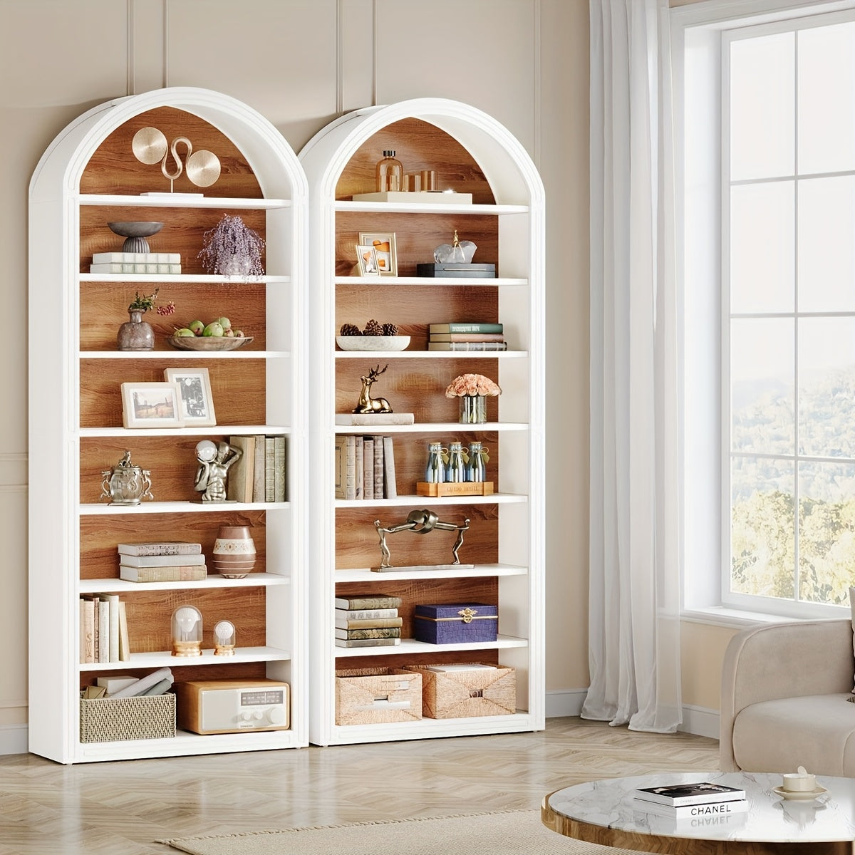 8-Tier Arched Bookshelf, Modern White Arched Bookcase With Storage Shelves, 78.7" Tall Floor Standing Wood Open Display Shelving Unit For Living Room, Bedroom, Home Office (1pc, White & Brown)