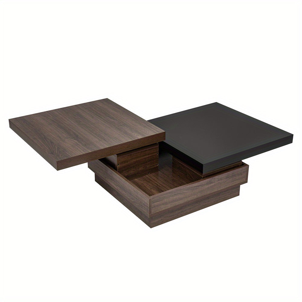 Rotatable Top Coffee Table, Modern Square Coffee Table with Wood Grain Design, 1 Hidden Storage Space for Living Room, Black+Brown