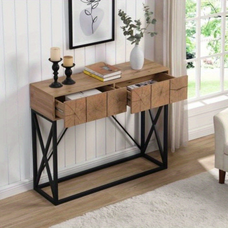 1pc 110 cm Luxury Wood Sofa Table, Industrial Console Table for Entryway, Hallway Tables with Two Drawers for Living Room