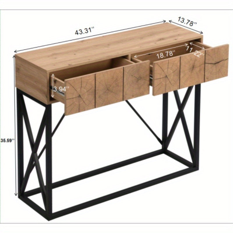 1pc 110 cm Luxury Wood Sofa Table, Industrial Console Table for Entryway, Hallway Tables with Two Drawers for Living Room