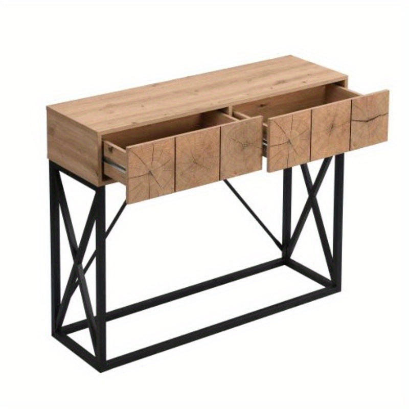 1pc 110 cm Luxury Wood Sofa Table, Industrial Console Table for Entryway, Hallway Tables with Two Drawers for Living Room