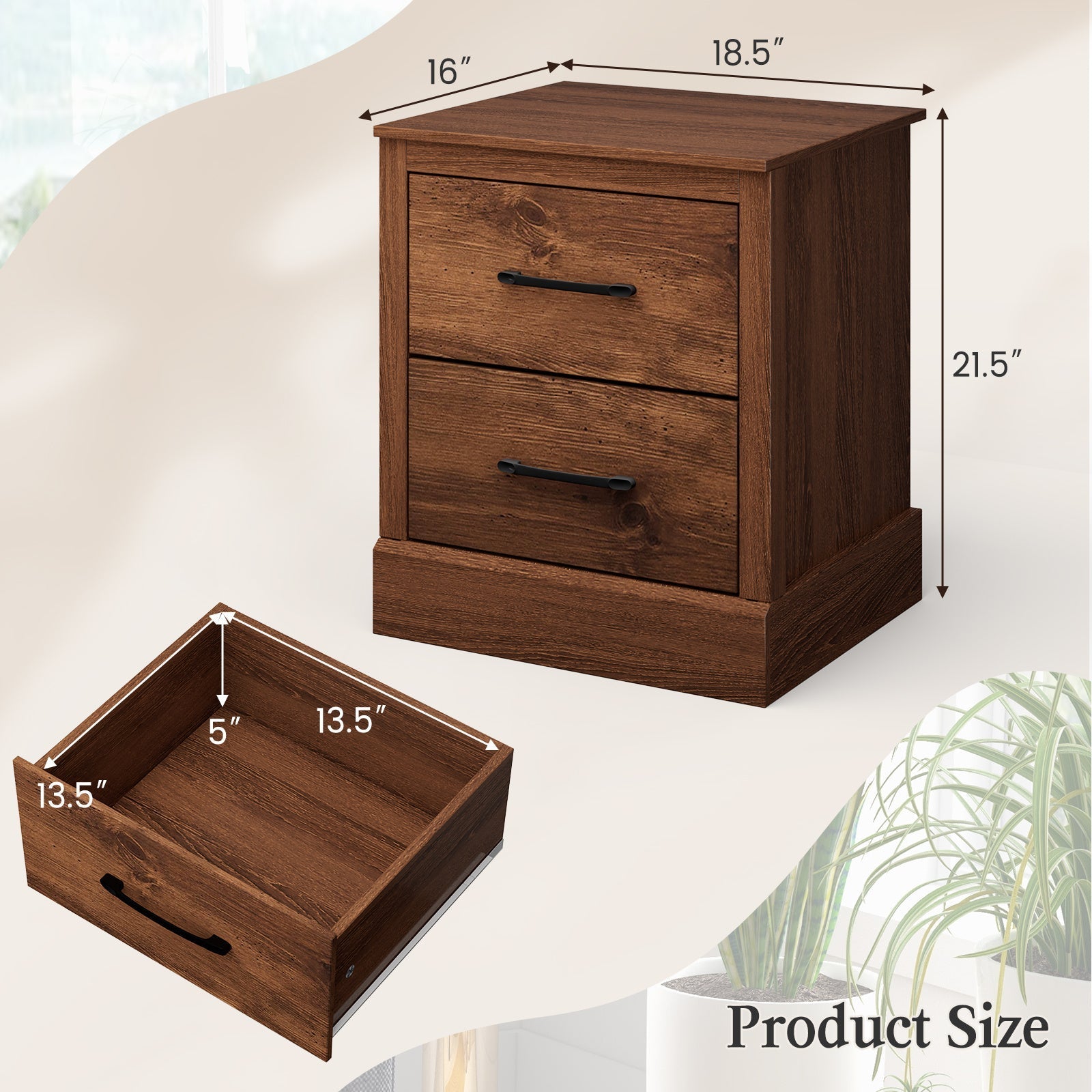 Set of 2 Drawer Nightstand Bedside Table Compact Sofa End Table Rustic Walnut