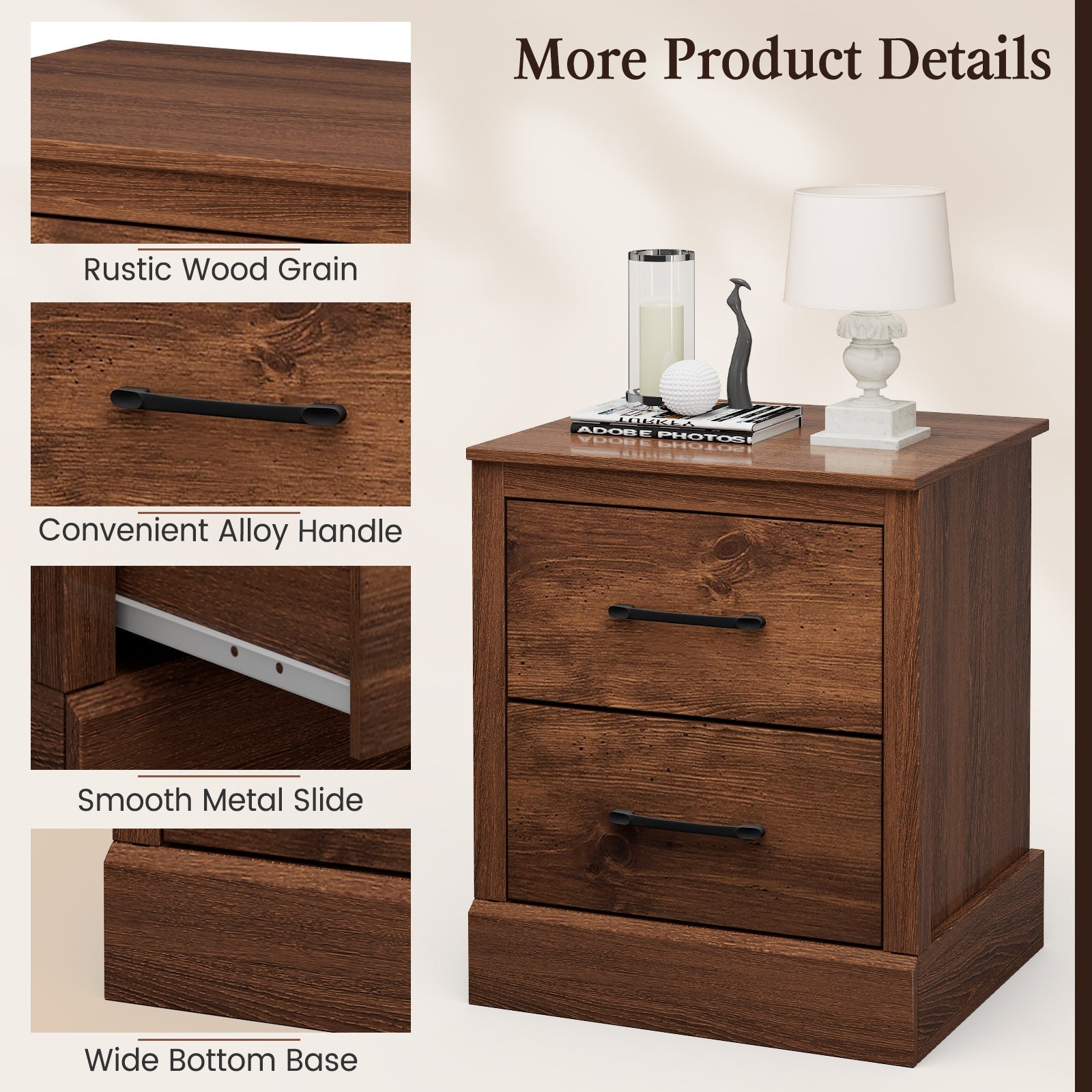 Set of 2 Drawer Nightstand Bedside Table Compact Sofa End Table Rustic Walnut