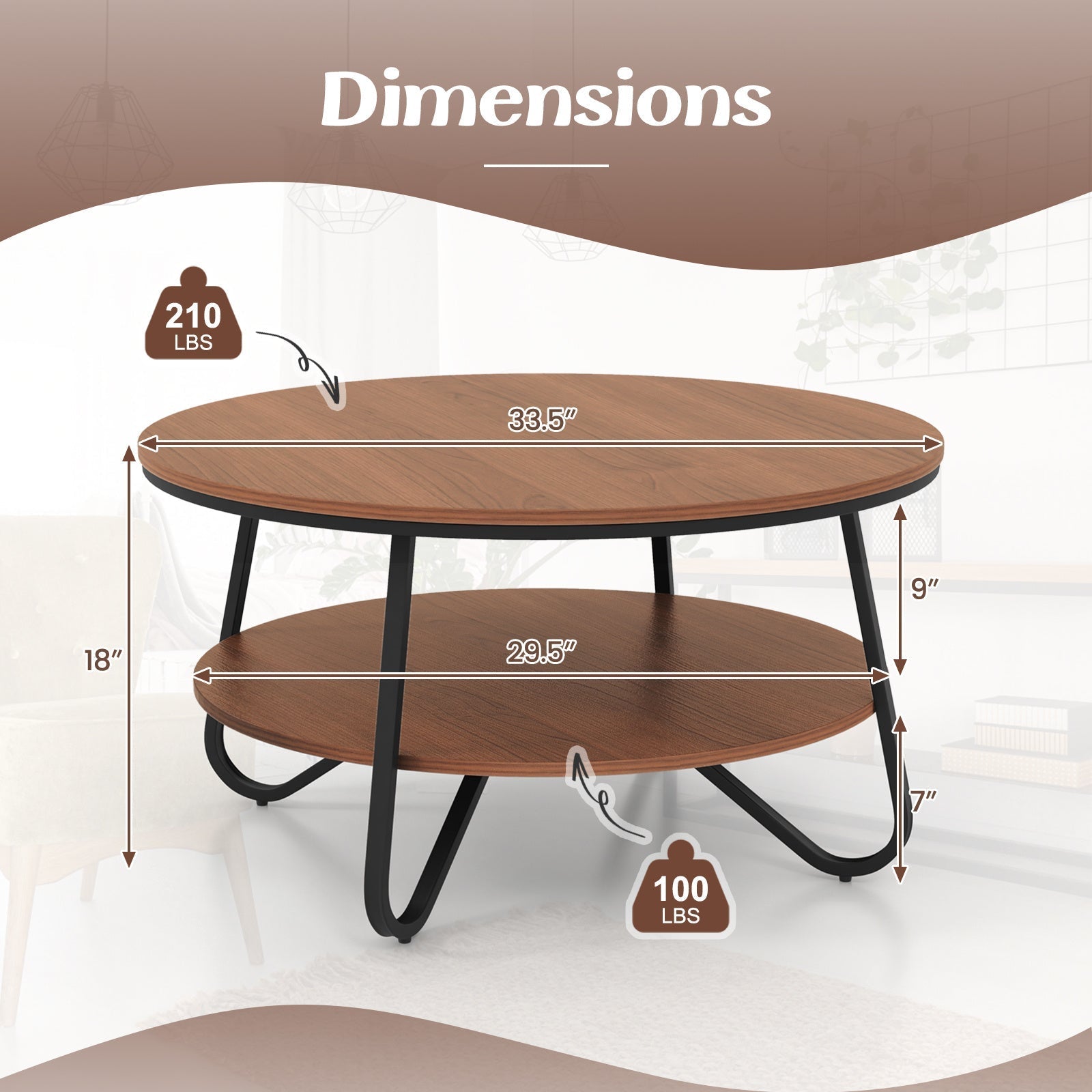 2-Tier Round Coffee Table with Wood Grain Finish & Heavy-duty Metal Frame