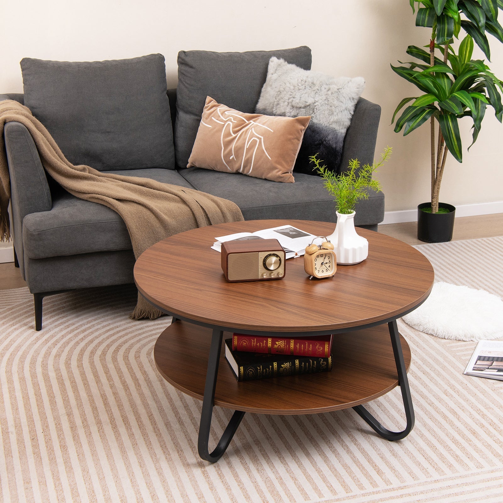 2-Tier Round Coffee Table with Wood Grain Finish & Heavy-duty Metal Frame