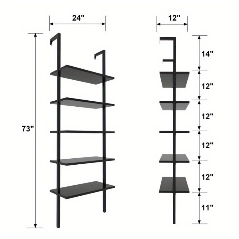 Bookshelf 5 Tier Tall Bookcase Shelf, Book Case Wood Industrial Rustic Standing Bookshelves with Storage Hooks Modern Wide Metal Ironck Book Cases Open Shelves for Bedroom Living Room Office CDs