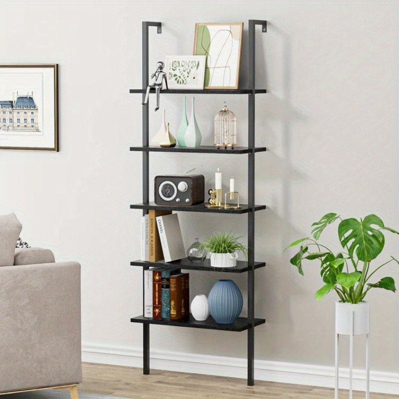 Bookshelf 5 Tier Tall Bookcase Shelf, Book Case Wood Industrial Rustic Standing Bookshelves with Storage Hooks Modern Wide Metal Ironck Book Cases Open Shelves for Bedroom Living Room Office CDs