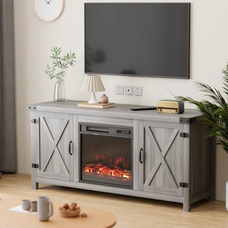 Spacious 165cm TV Stand with Electric Fireplace - Wooden, Flat-Door Design for Easy Access & Storage