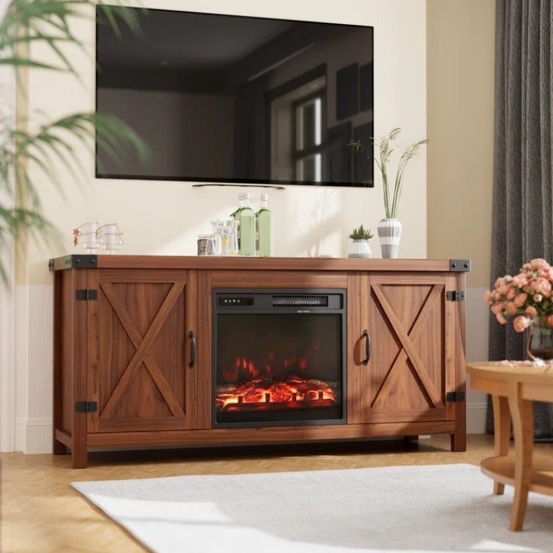 Spacious 165cm TV Stand with Electric Fireplace - Wooden, Flat-Door Design for Easy Access & Storage