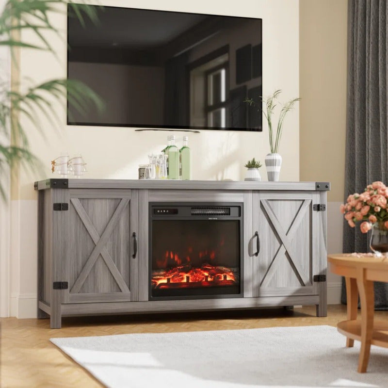 Spacious 165cm TV Stand with Electric Fireplace - Wooden, Flat-Door Design for Easy Access & Storage