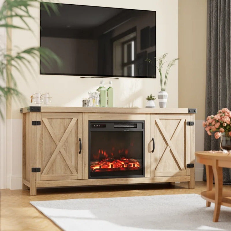 Spacious 165cm TV Stand with Electric Fireplace - Wooden, Flat-Door Design for Easy Access & Storage