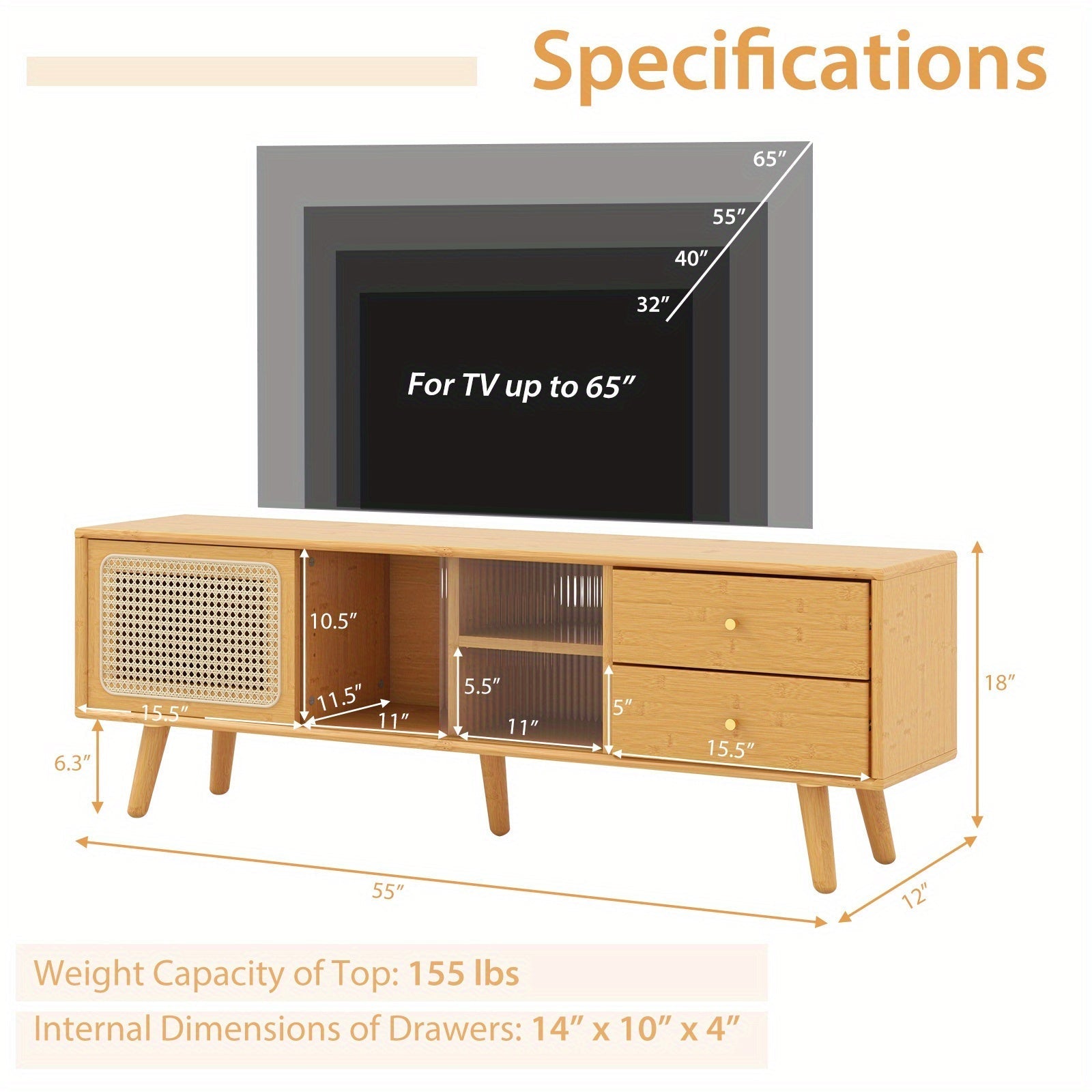 Bamboo TV Stand Console Table w/ PE Rattan  Door & 2 Drawers for TV up to 165cm