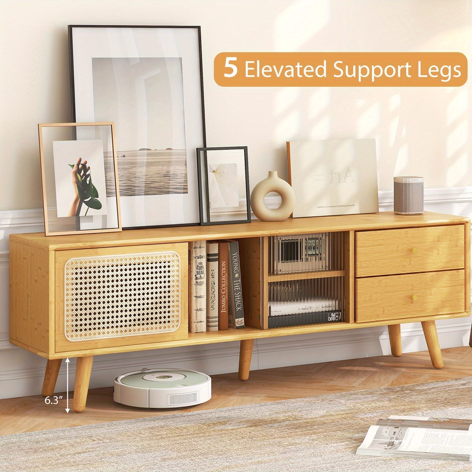 Bamboo TV Stand Console Table w/ PE Rattan  Door & 2 Drawers for TV up to 165cm