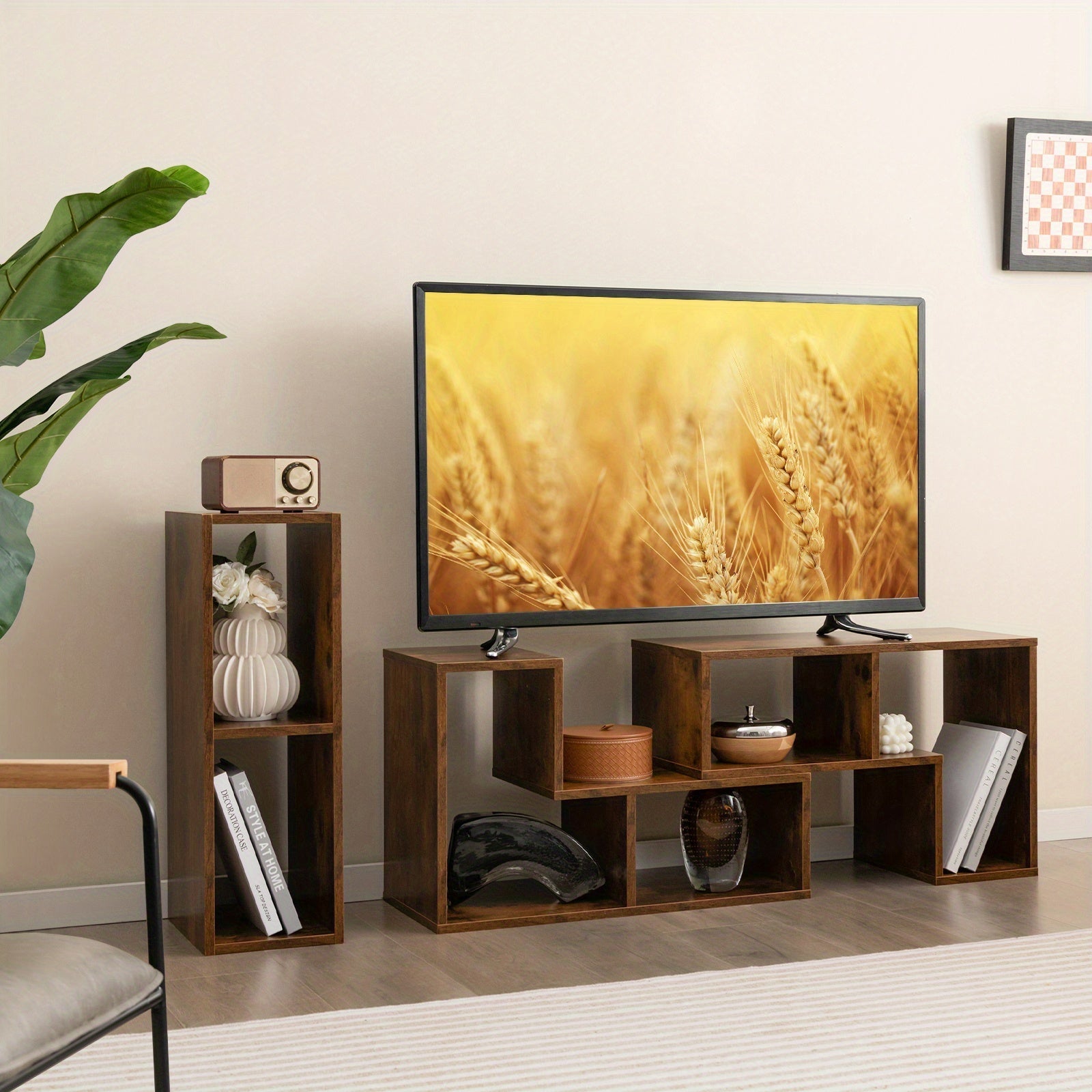 3 Pieces TV Console Stand Modern Entertainment Center Storage Bookcase Brown