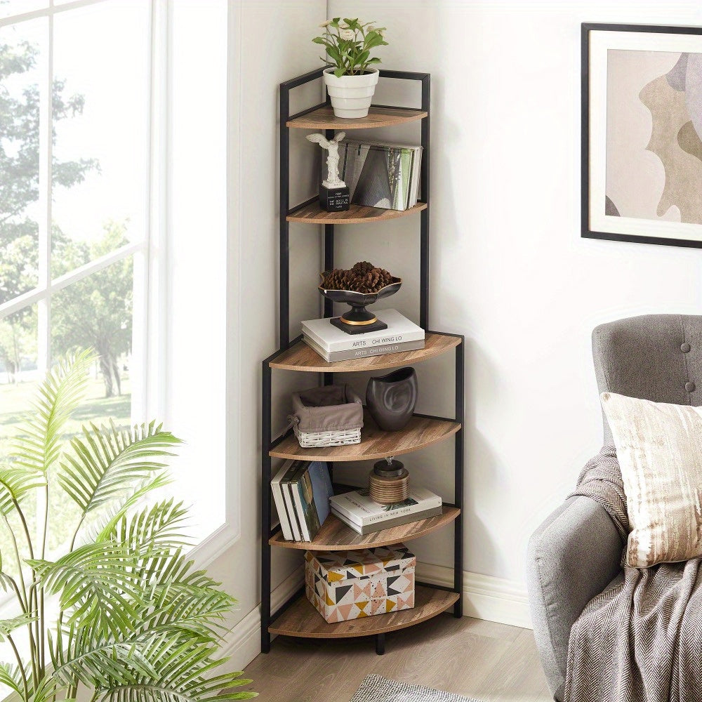 6-Tier Corner Open Shelf Modern Bookcase Wood Rack Freestanding Shelving Unit, Plant Album Trinket Sturdy Stand Small Bookshelf Space-Saving For Home Office Kitchen Small Space Rustic Brown