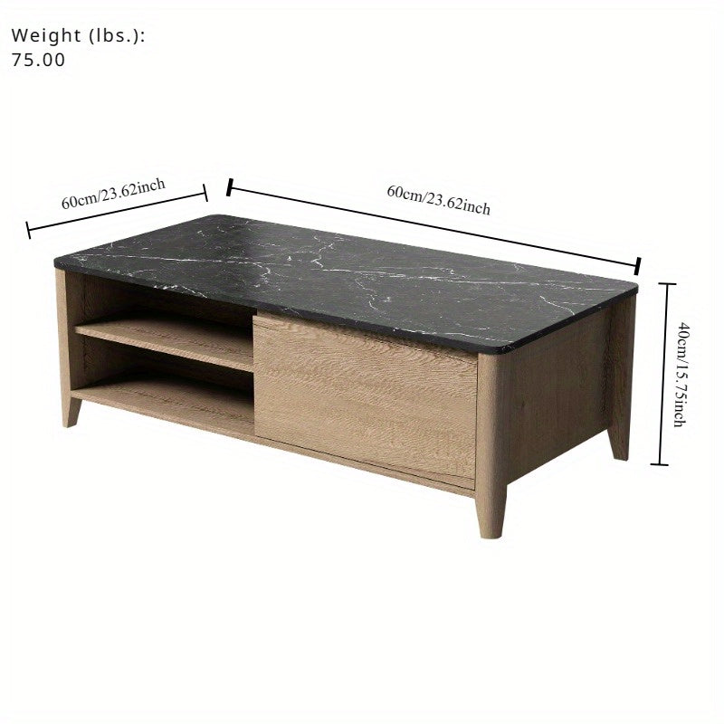 120cm Modern Farmhouse Double Drawer Coffee Table for Living Room or Office, Tobacco Wood and Marble Texture