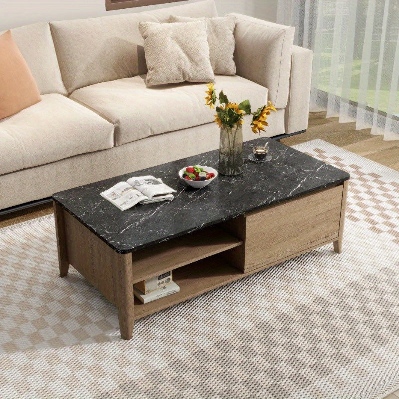 120cm Modern Farmhouse Double Drawer Coffee Table for Living Room or Office, Tobacco Wood and Marble Texture