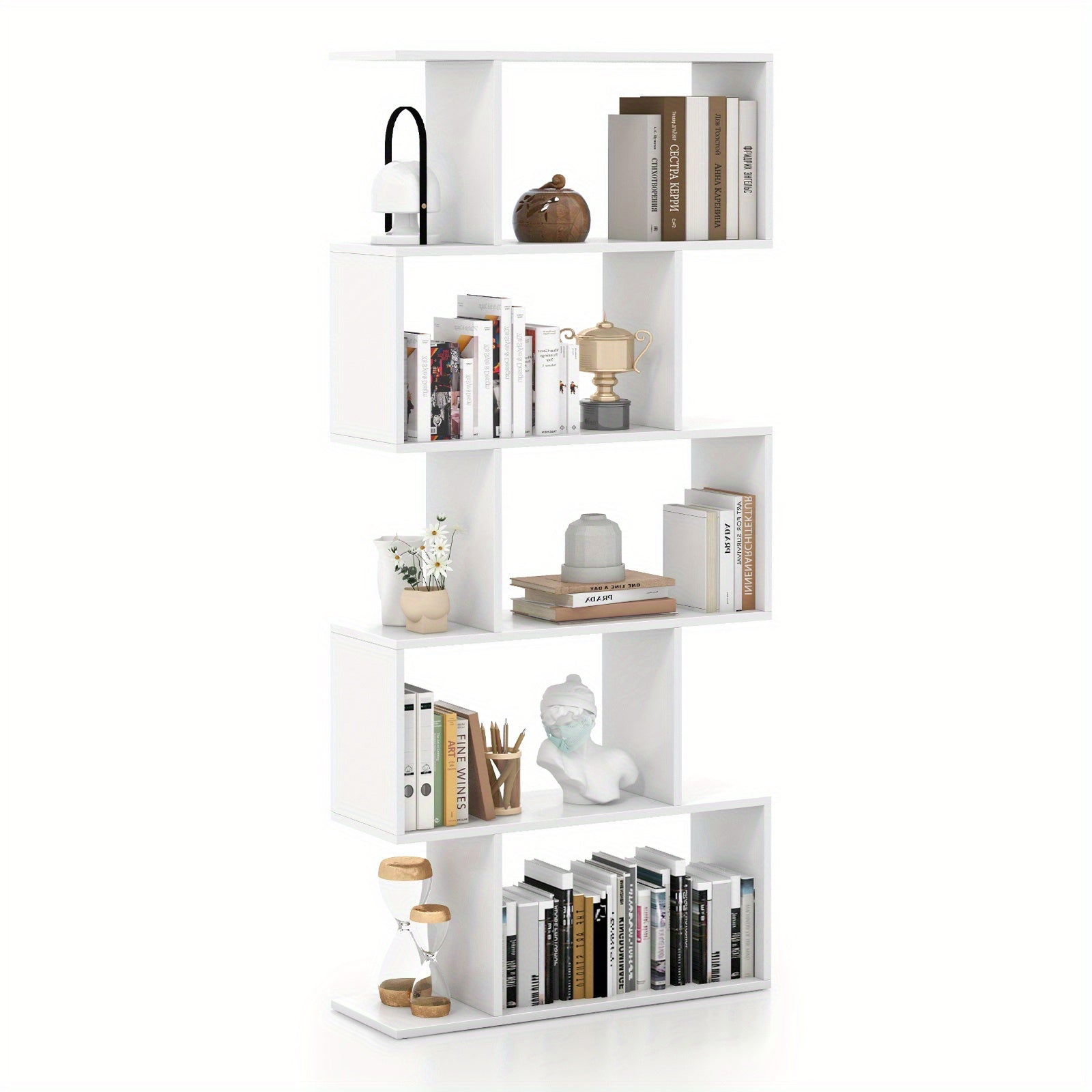 5-Tier Bookshelf Geometric S-Shaped Bookcase Room Divider Storage Display Shelf