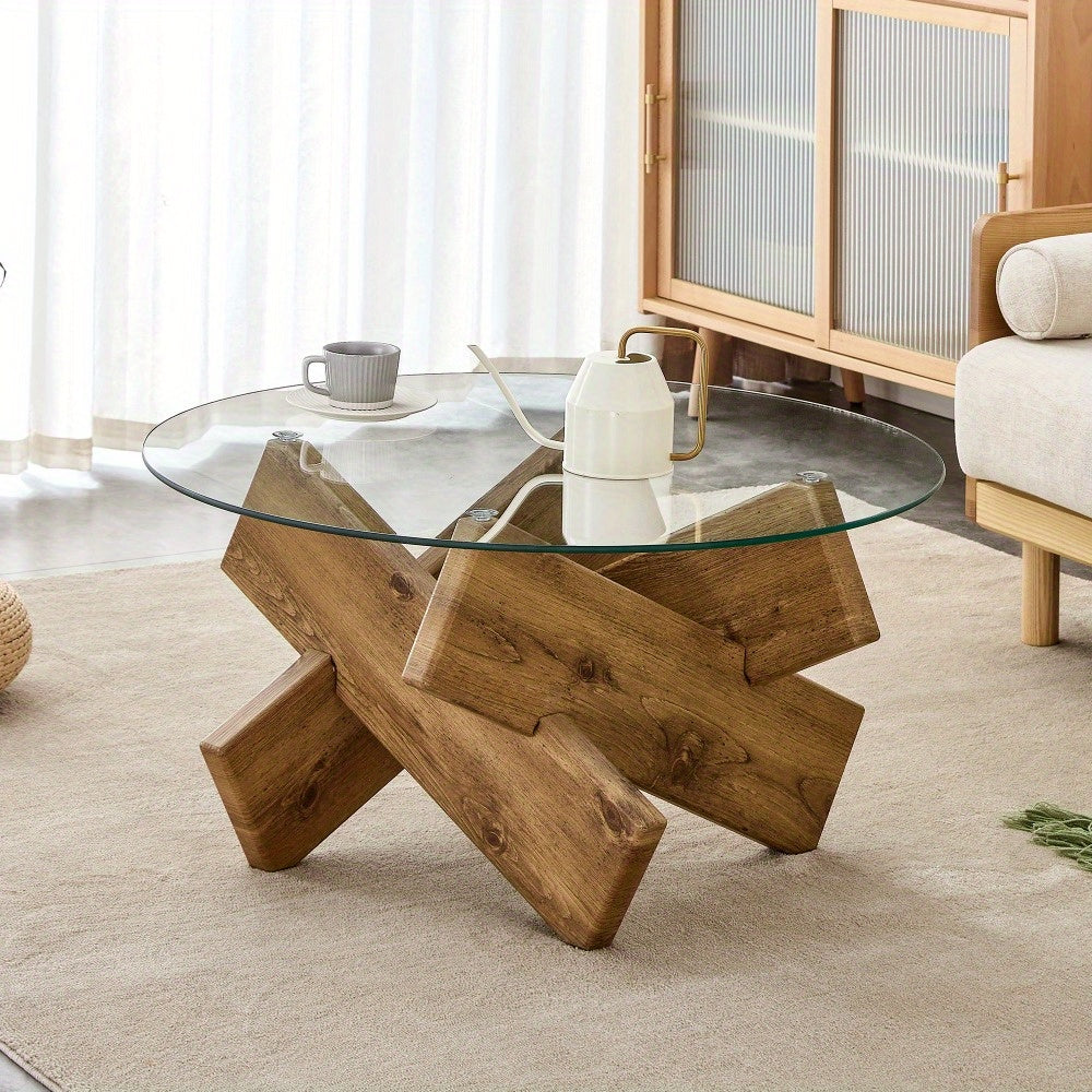 86cm Round Coffee Table, Modern Coffee Table with Tempered Glass Tabletop Suitable for Living Room