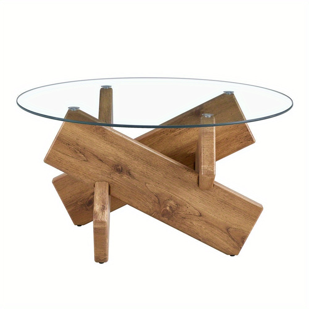 86cm Round Coffee Table, Modern Coffee Table with Tempered Glass Tabletop Suitable for Living Room