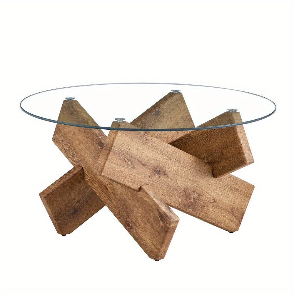 86cm Round Coffee Table, Modern Coffee Table with Tempered Glass Tabletop Suitable for Living Room