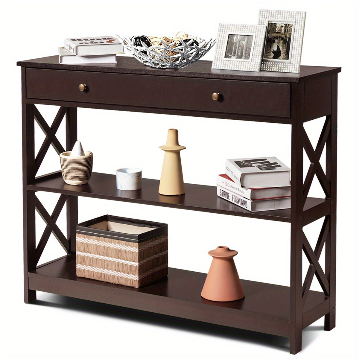 3-Tier Console Table X-Design Sofa Entryway Table with Drawer & Shelves Espresso (Approx. 76 cm)