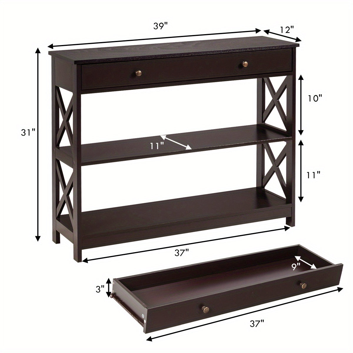 3-Tier Console Table X-Design Sofa Entryway Table with Drawer & Shelves Espresso (Approx. 76 cm)