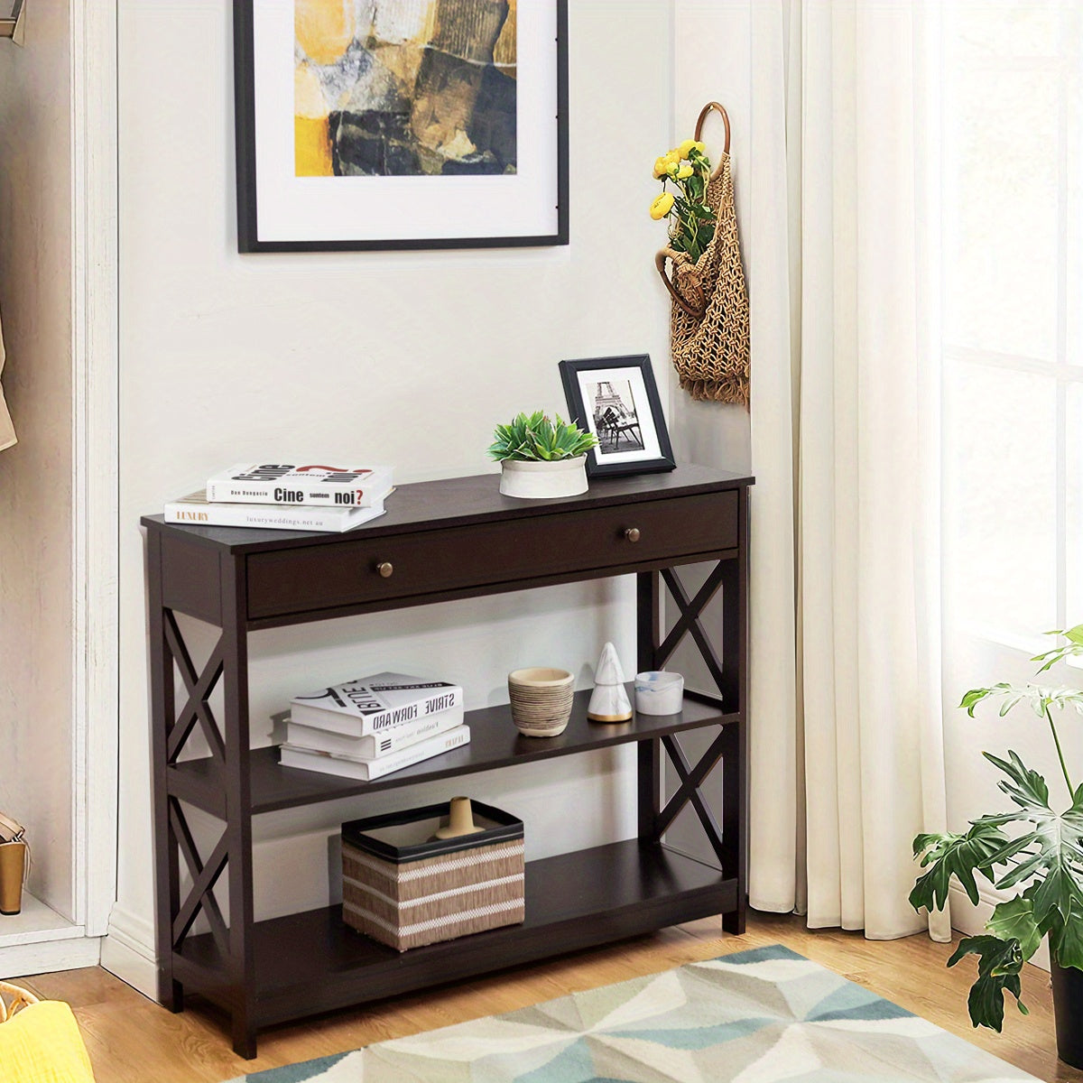 3-Tier Console Table X-Design Sofa Entryway Table with Drawer & Shelves Espresso (Approx. 76 cm)