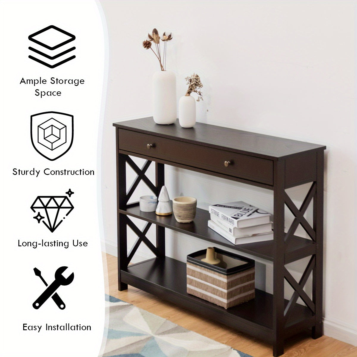 3-Tier Console Table X-Design Sofa Entryway Table with Drawer & Shelves Espresso (Approx. 76 cm)