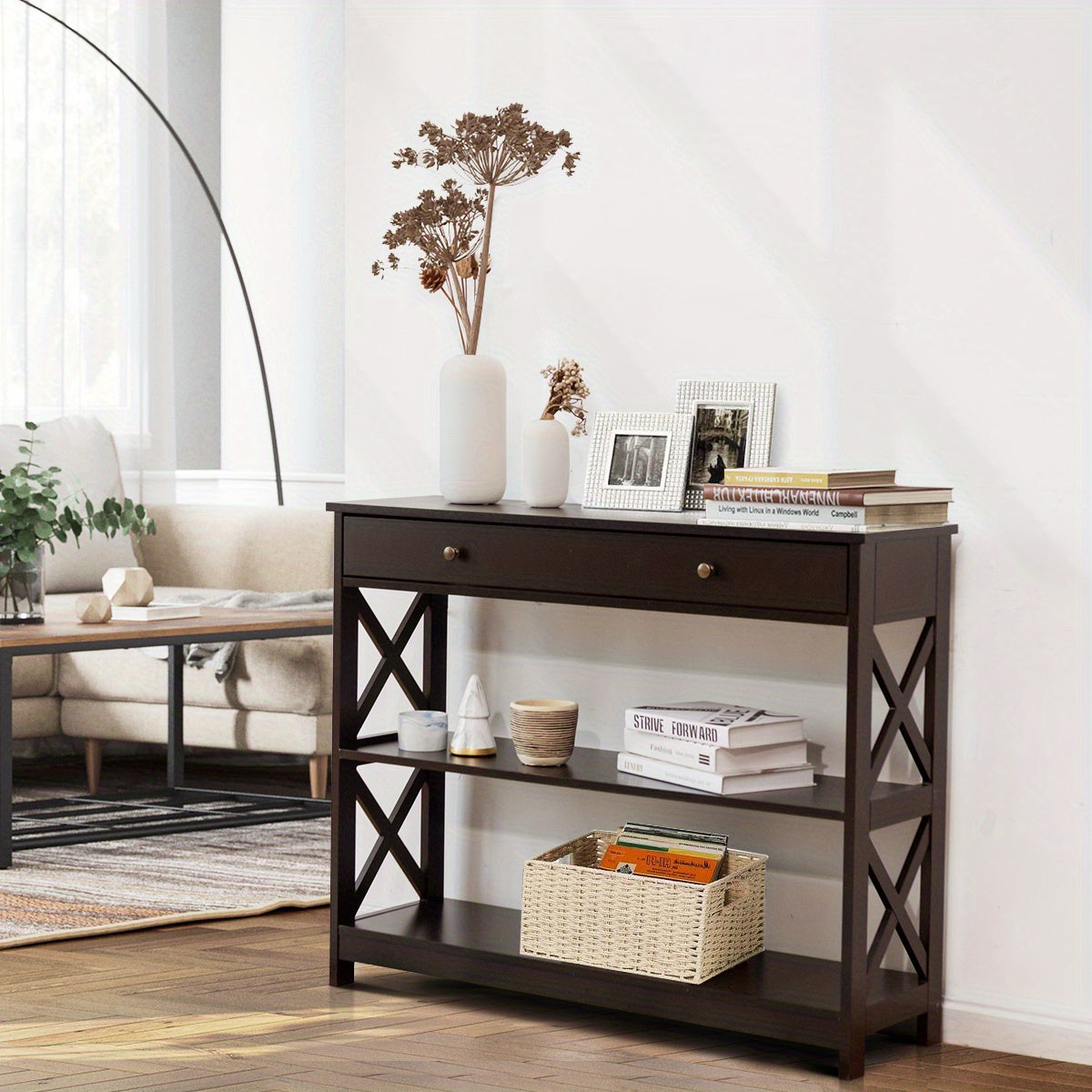 3-Tier Console Table X-Design Sofa Entryway Table with Drawer & Shelves Espresso (Approx. 76 cm)