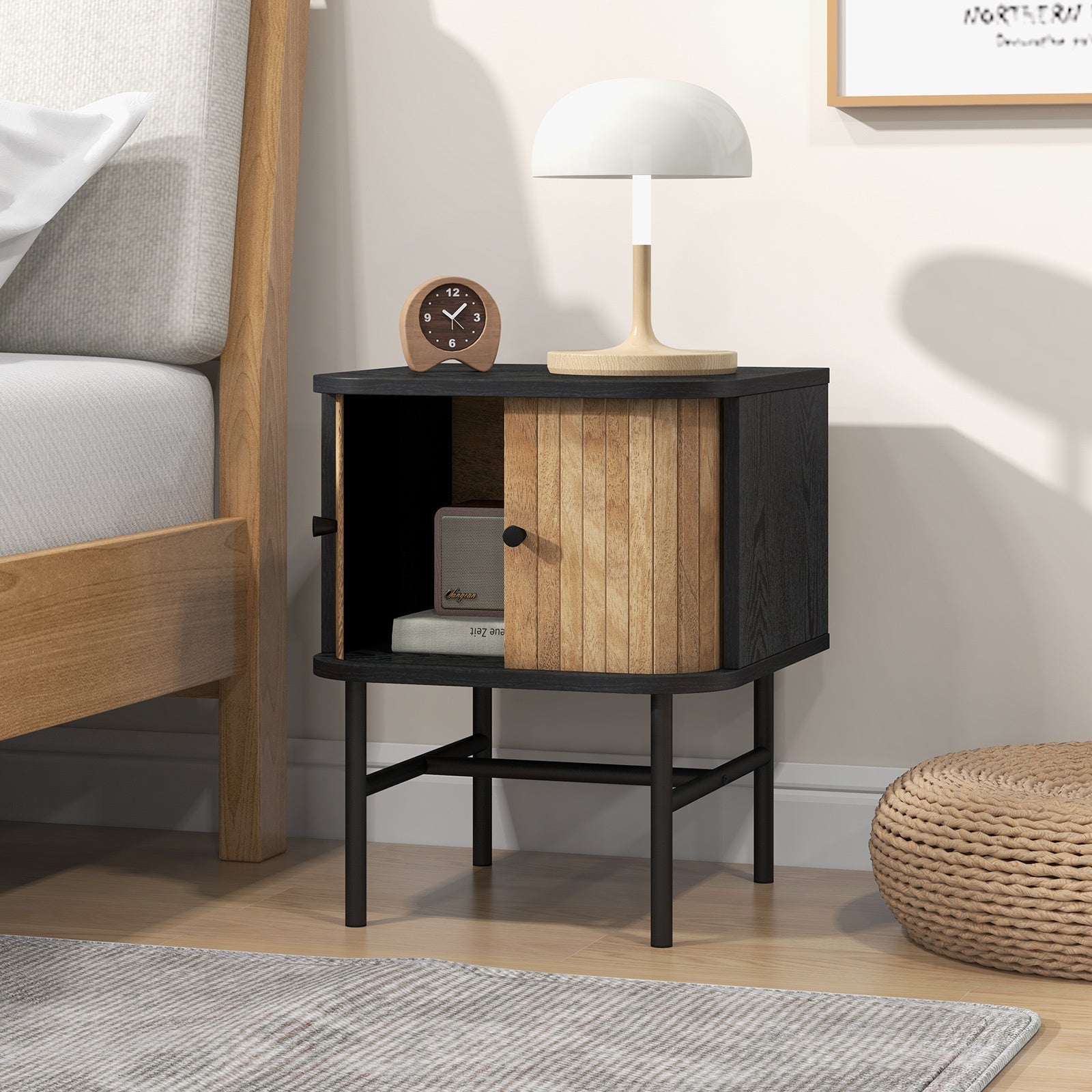 Sliding Door Nightstand Mid-century Modern Storage End Table w/ Cabinet Black