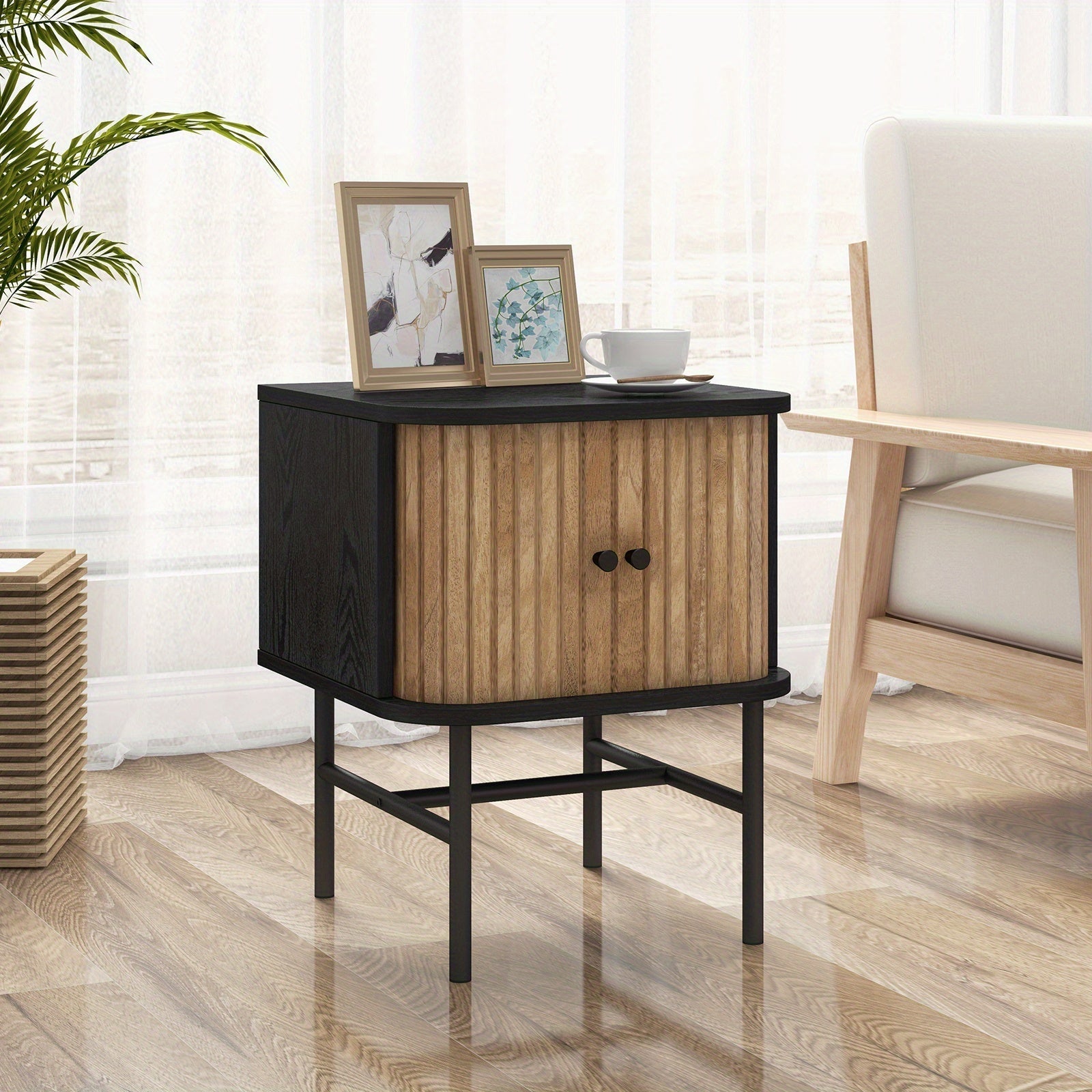 Sliding Door Nightstand Mid-century Modern Storage End Table w/ Cabinet Black