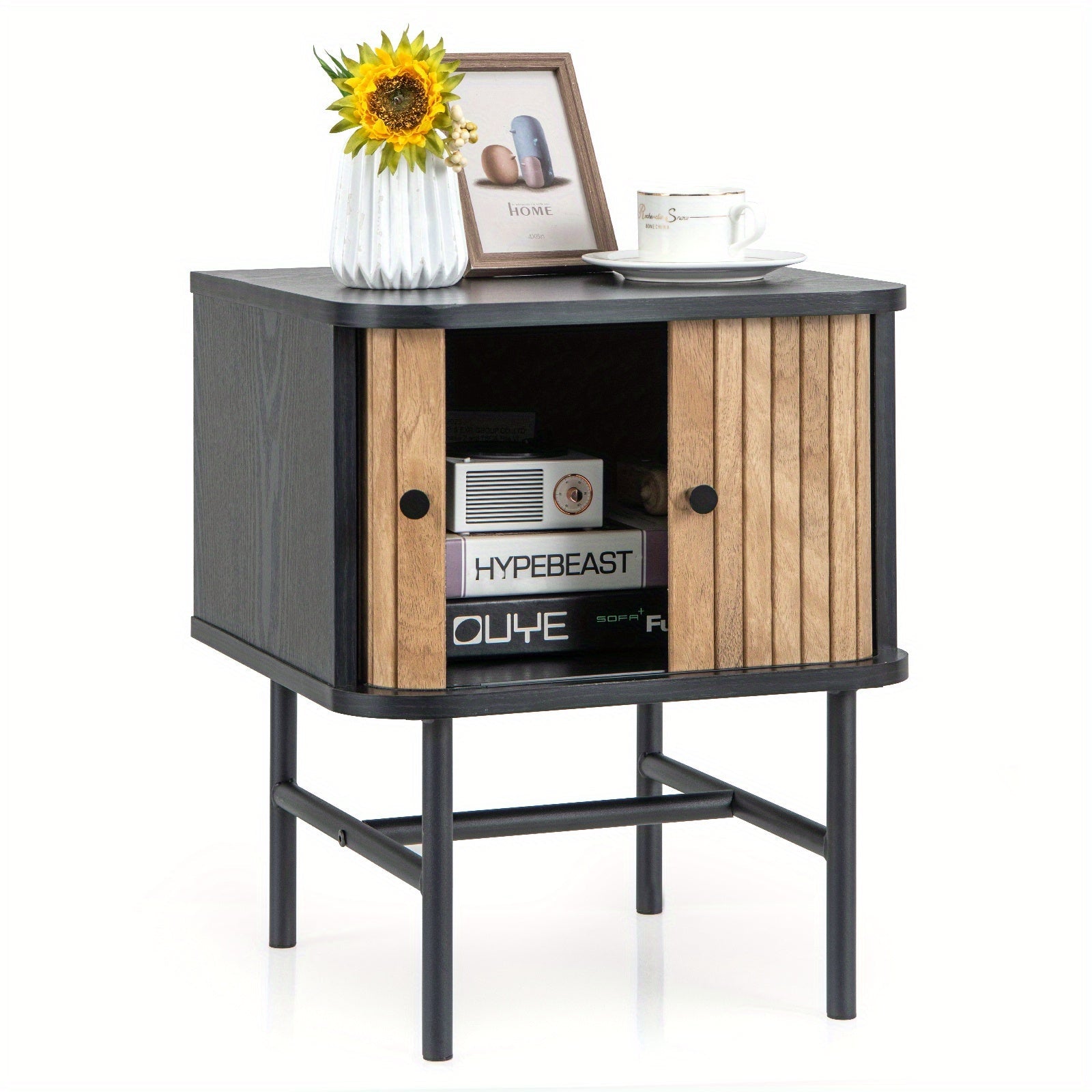 Sliding Door Nightstand Mid-century Modern Storage End Table w/ Cabinet Black