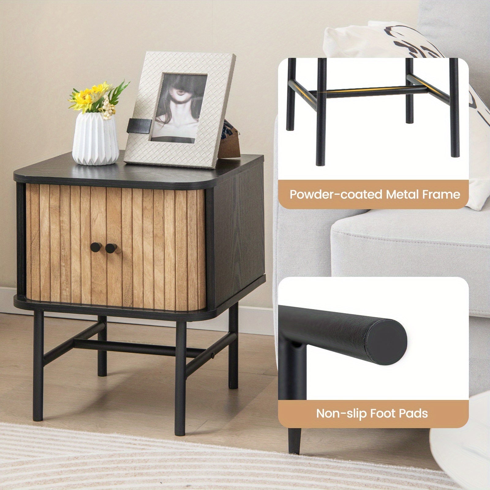 Sliding Door Nightstand Mid-century Modern Storage End Table w/ Cabinet Black