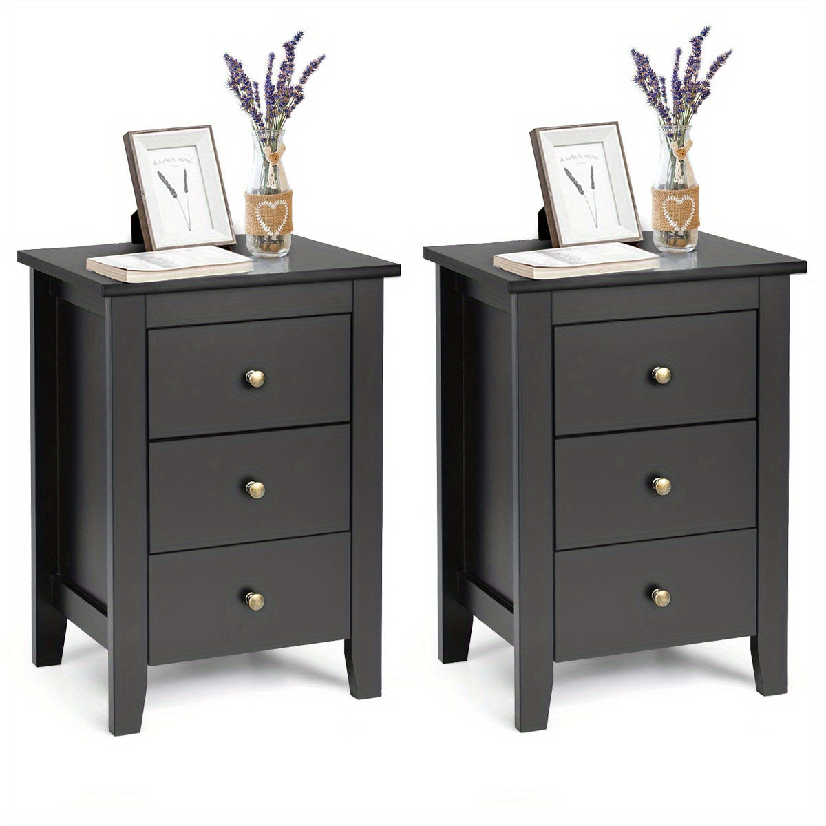 Set of 2 Nightstand End Beside Sofa Table w/ 3 Drawers Bedroom Furniture Black