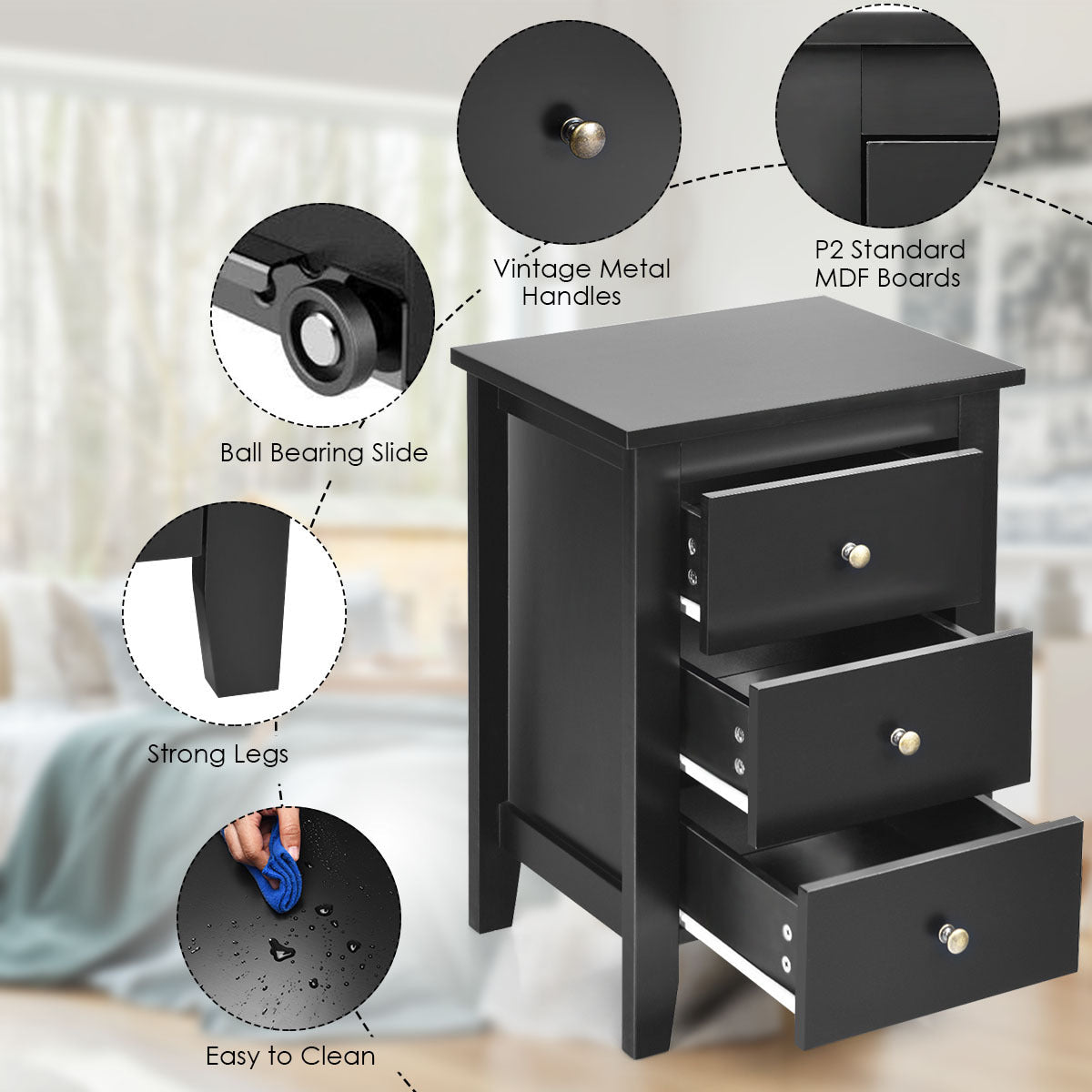 Set of 2 Nightstand End Beside Sofa Table w/ 3 Drawers Bedroom Furniture Black