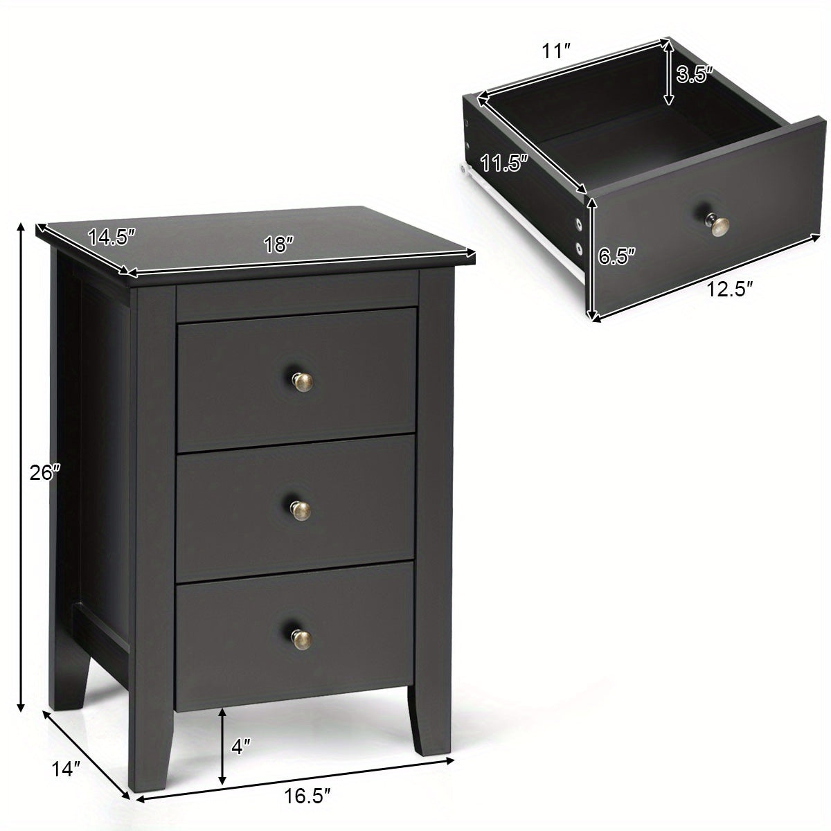 Set of 2 Nightstand End Beside Sofa Table w/ 3 Drawers Bedroom Furniture Black